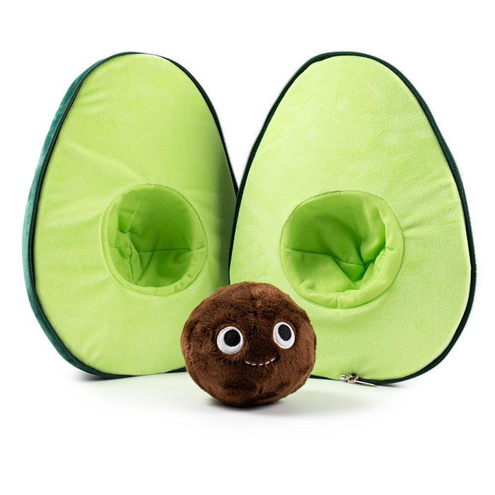 Yummy World 16-inch avocado plush with interactive plushie pit, soft stuffed toy featuring vibrant green and textured details.