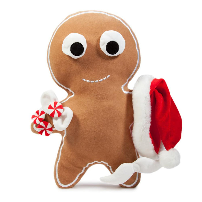 Yummy World 16-inch Gingerbread Man Jimmy interactive plush toy with smiling face and textured fabric, perfect for cuddling.