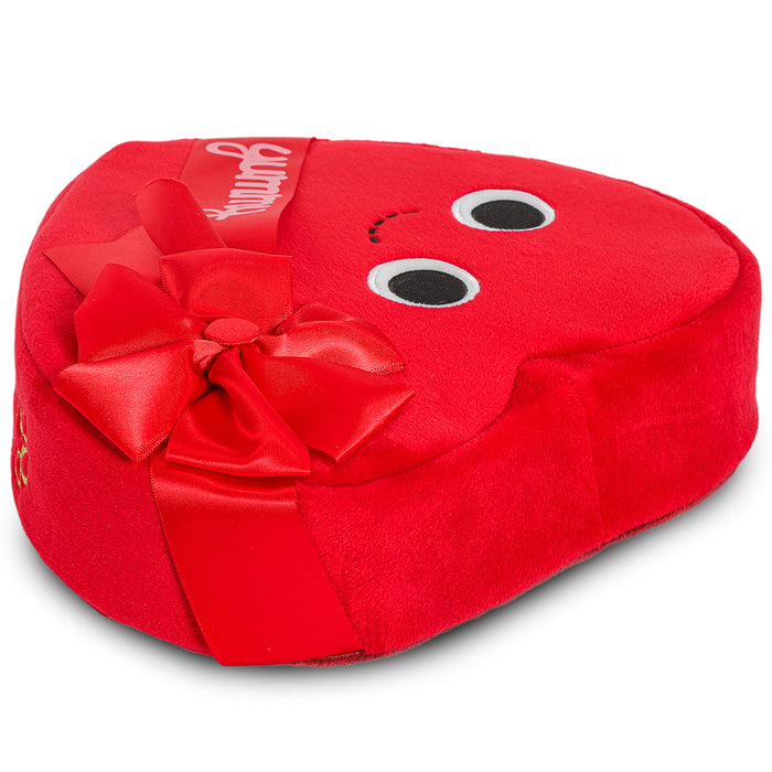 Yummy World Amore plush toy styled as a heart-shaped box of chocolates, featuring bright colors and detailed chocolate designs.