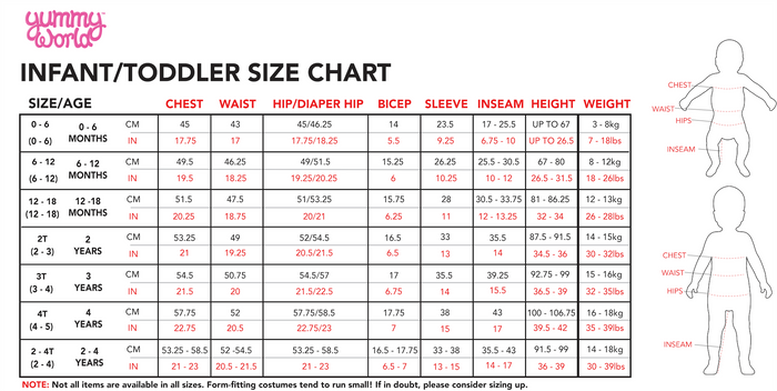 Yummy World Arnold and the Cheesy Puffs kids costume apparel size chart showing measurements and fit details