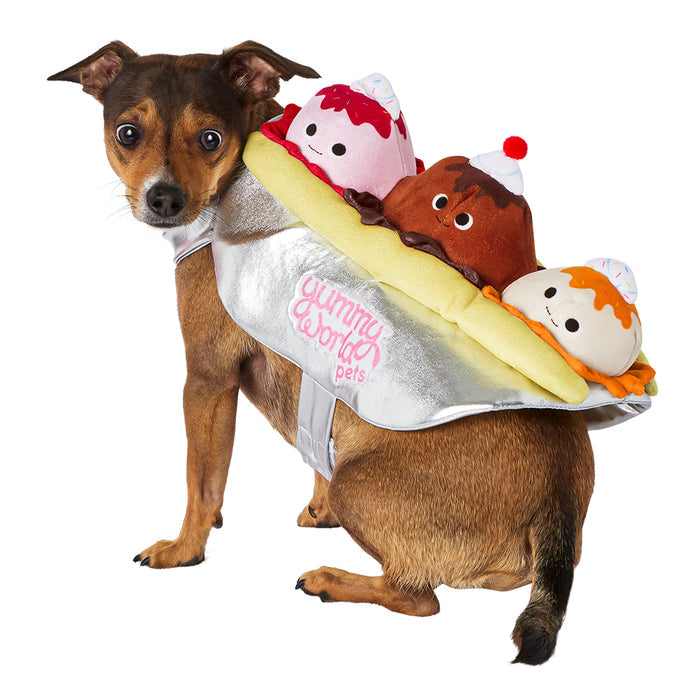 Yummy World Banana Split pet costume featuring colorful banana and ice cream cone design for dogs or cats.