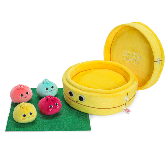 Yummy World Bao Basket 10-inch plush interactive toy featuring soft dumplings and a basket design, perfect for cuddling.