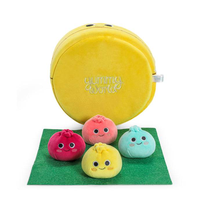 Yummy World Bao Basket 10-inch interactive plush toy featuring adorable dumpling characters and soft fabric texture.