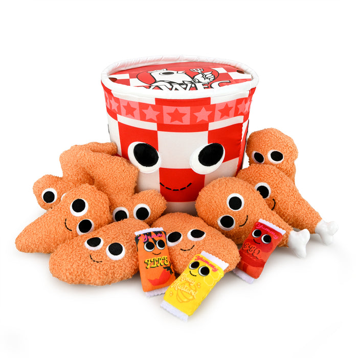 Yummy World Bertha Bucket of Fried Chicken plush toy, soft interactive plush with realistic fried chicken design and vibrant colors.