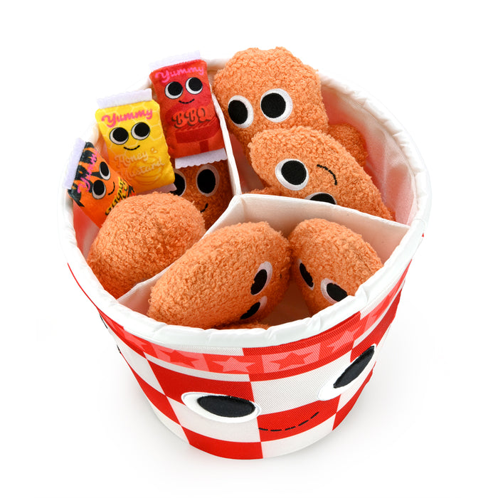 Yummy World Bertha Bucket of Fried Chicken plush toy, soft and interactive plush representing a fried chicken bucket character.