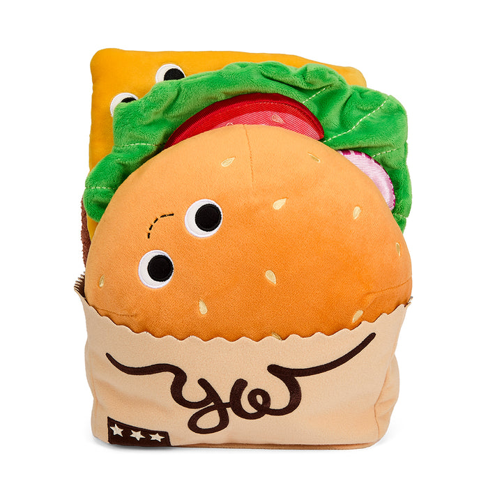 Yummy World Bonnie Burger 13-inch plush toy, soft interactive plush depicting a cheerful burger character with detailed toppings.