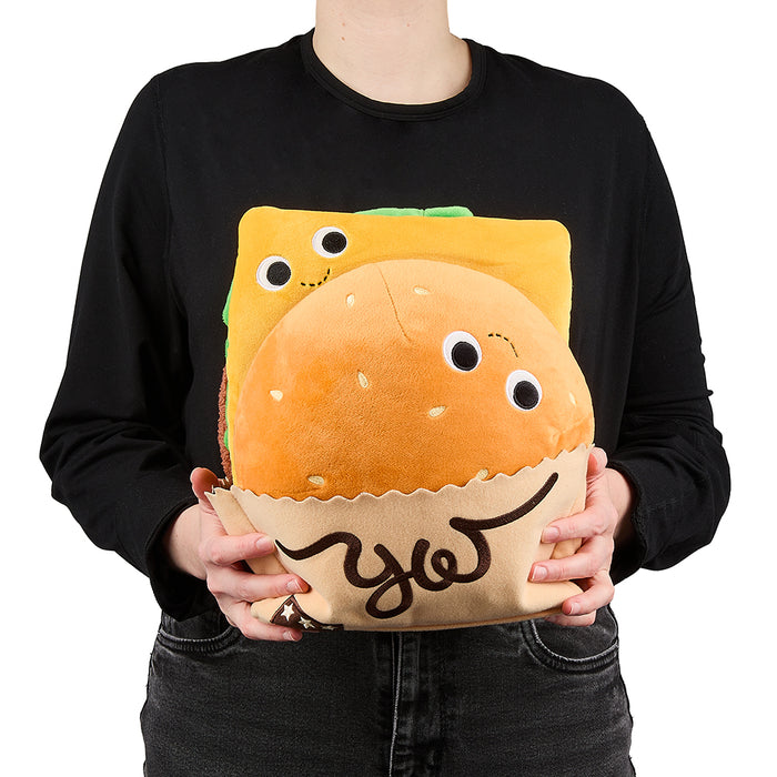 Yummy World Bonnie Burger 13-inch plush toy featuring a cute burger character with interactive elements and soft fabric.