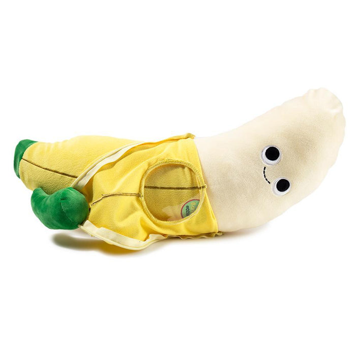 Yummy World Bruce the Banana plush by Kidrobot, soft and interactive banana-shaped stuffed toy with bright yellow fabric and playful design.