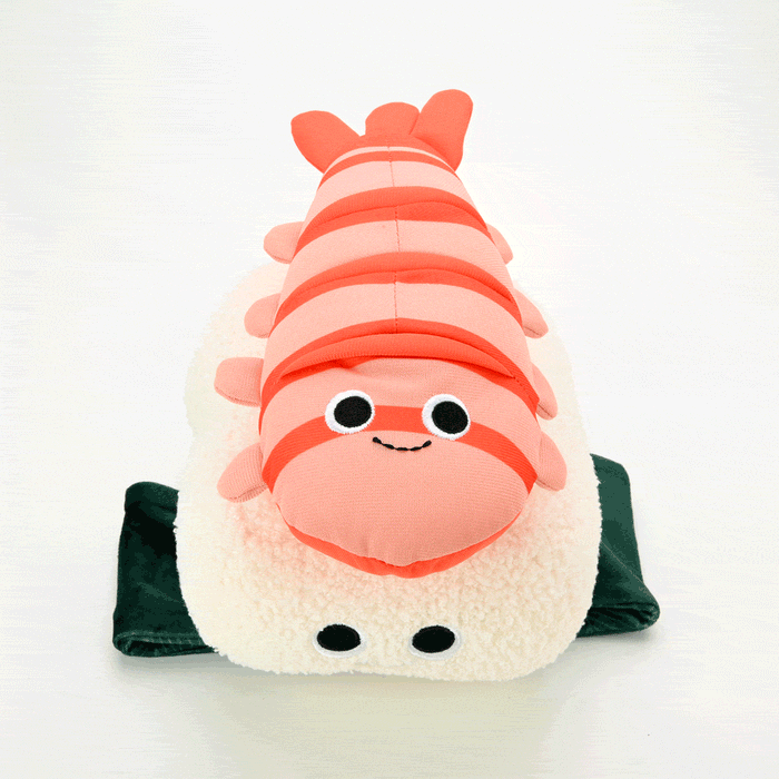 Yummy World Bubba the Shrimp Nigiri Sushi plush toy with interactive features, soft and colorful stuffed seafood character.