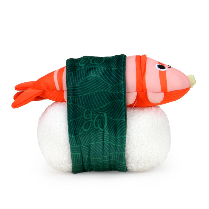 Yummy World Bubba the Shrimp Nigiri Sushi plush toy, soft and interactive plush character with detailed shrimp and rice features.