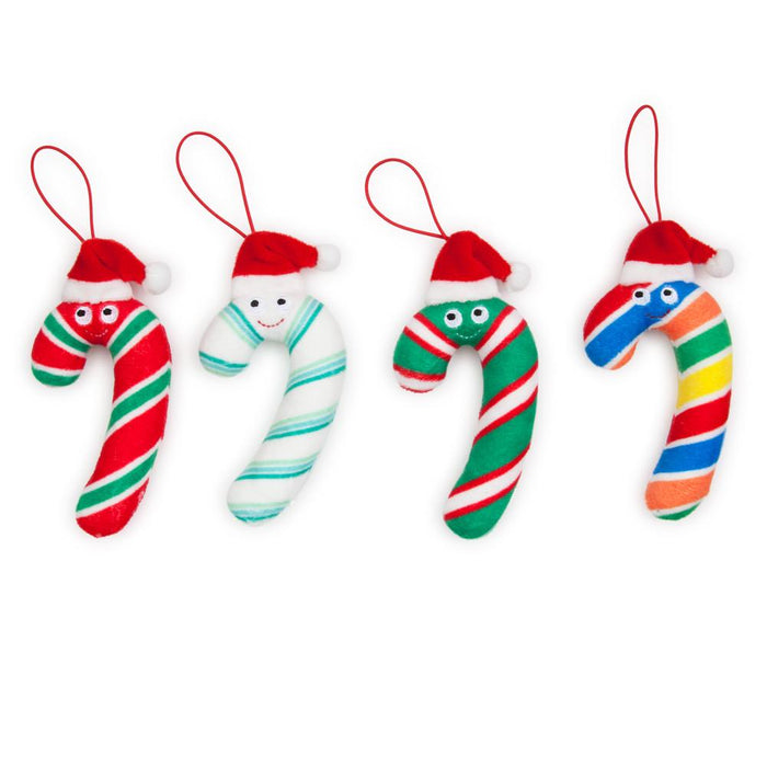 Set of four Yummy World Candy Cane plush ornaments featuring colorful candy cane designs and soft, plush texture.