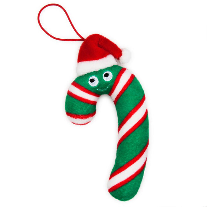 Set of four Yummy World Candy Cane plush ornaments featuring colorful, soft plush material and festive holiday designs.