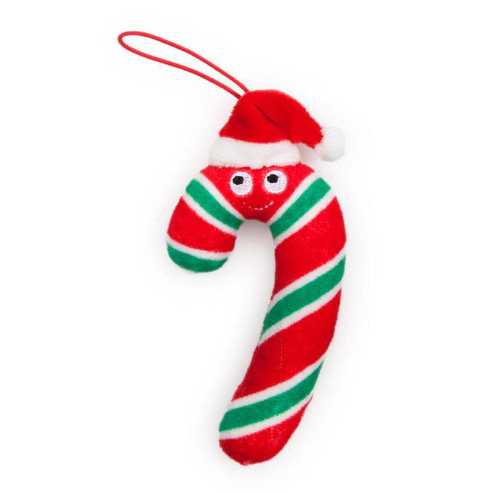 Set of four Yummy World Candy Cane plush ornaments featuring colorful, soft plush candy cane designs perfect for holiday decor.