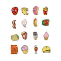 Yummy World Collectible Mystery Enamel Pins featuring colorful, cartoon-style food characters and playful designs.