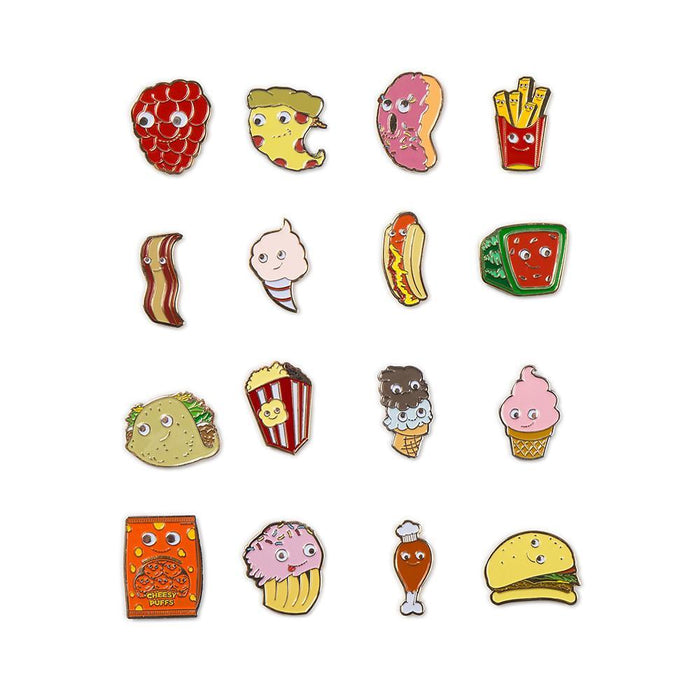 Yummy World Collectible Mystery Enamel Pins featuring colorful, cartoon-style food characters and playful designs.