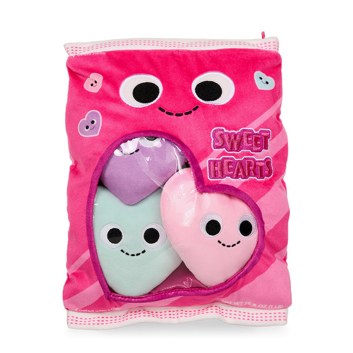Yummy World 10-inch plush Conversation Hearts interactive plush toy with colorful heart-shaped design and smiling face.