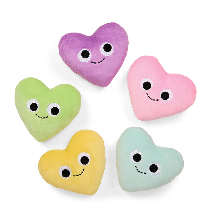 Yummy World 10-inch plush Conversation Hearts toy featuring colorful, soft fabric with smiling heart designs and playful expressions.