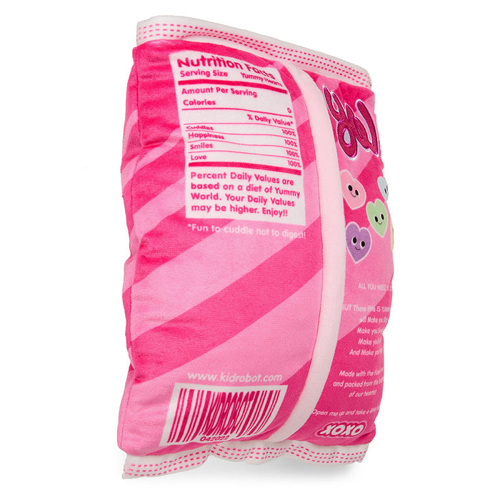 Yummy World 10-inch plush Conversation Hearts featuring colorful, soft plush hearts with expressive faces and playful designs.