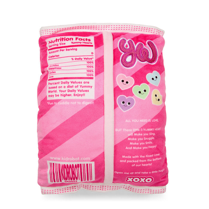 Yummy World 10-inch plush conversation hearts toy with colorful heart-shaped design and friendly facial expression.