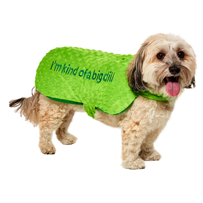 Yummy World Dylan the Dill Pickle pet costume featuring green pickle design, suitable for small pets, made of comfortable pet apparel material.