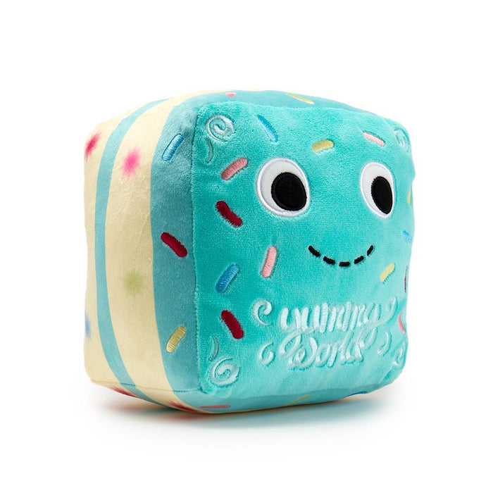 Yummy World Finn Funfetti Cake plush toy with colorful cake design and soft fabric, perfect for cuddling.