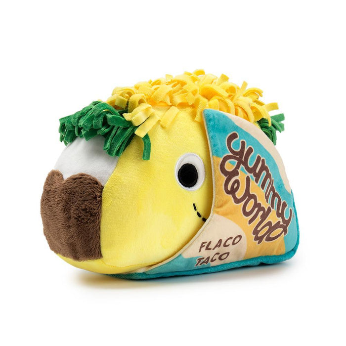 Yummy World Flaco Taco medium plush toy featuring a colorful taco character with embroidered details and soft fabric.