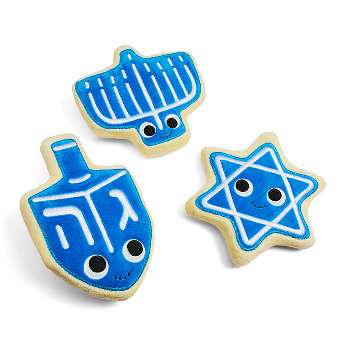 Set of three Yummy World Hanukkah cookies plush toys, soft and colorful, designed for kids, by Kidrobot.