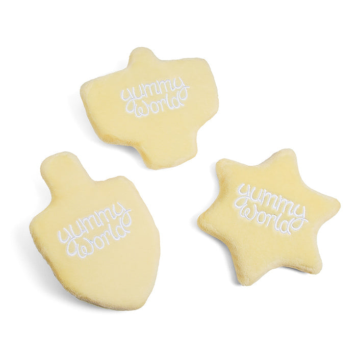 Yummy World Hanukkah Cookies plush set of three, colorful 6-inch soft toys representing festive cookies, by Kidrobot.