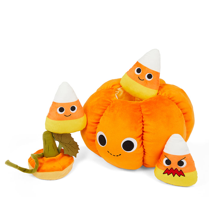 Yummy World Jack O’Lantern interactive plush toy with candy corn accents, soft pumpkin-shaped plush for kids.