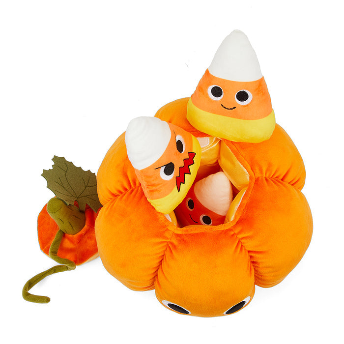 Yummy World Jack O’Lantern plush toy with candy corn accents, featuring interactive design and soft orange pumpkin shape for kids.