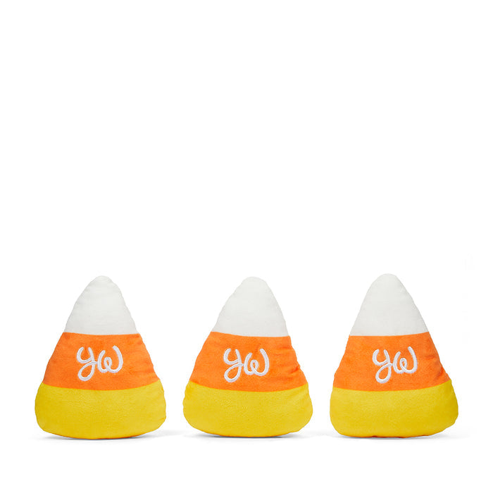Yummy World Jack O’Lantern plush toy with candy corn accents, soft interactive pumpkin plush for kids, branded by Yummy World.