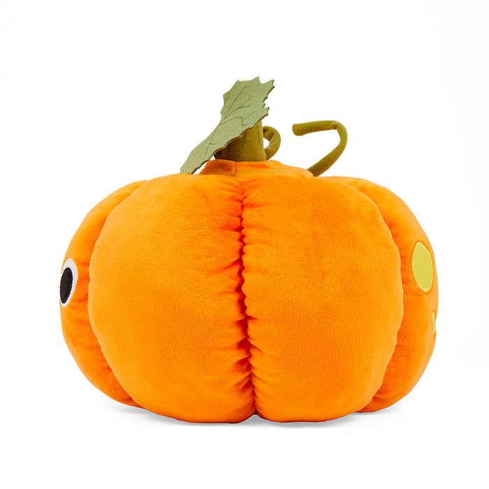 Yummy World Jack O’Lantern plush toy with candy corn accents, featuring interactive soft pumpkin with vibrant orange and green details.