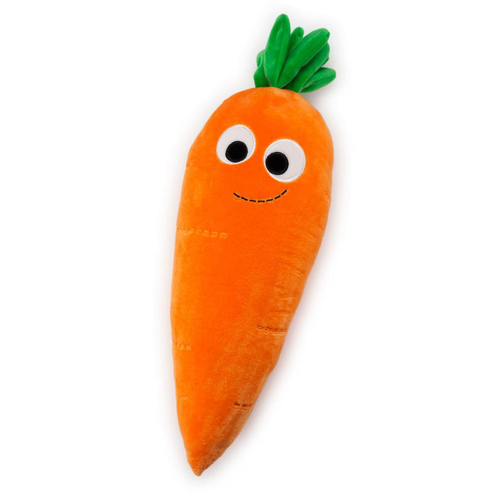 Large Yummy World Clara Carrot plush toy with bright orange body and green leafy top, soft and cuddly for children.