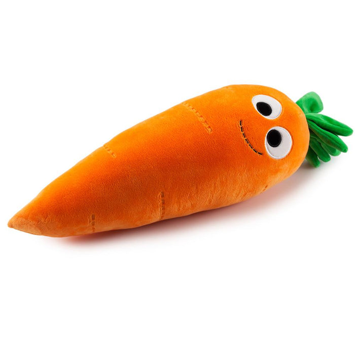 Large Yummy World Clara Carrot plush toy with orange carrot body, green leafy top, soft and cuddly fabric.