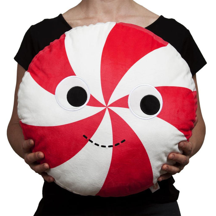 Yummy World large peppermint candy plush pillow with red and white striped design, soft and cuddly decorative plush toy.