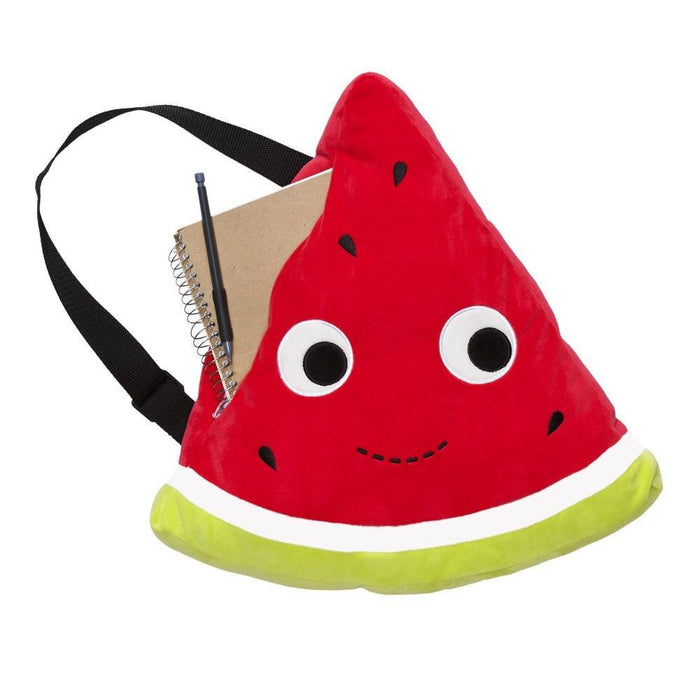 Yummy World Melony the Watermelon plush backpack featuring a soft, colorful watermelon character with plush texture and adjustable straps.
