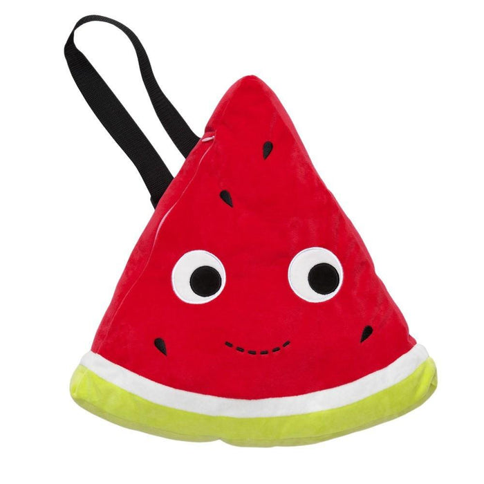 Yummy World Melony the Watermelon plush backpack featuring a cute watermelon character with green leaves and a smiling face.