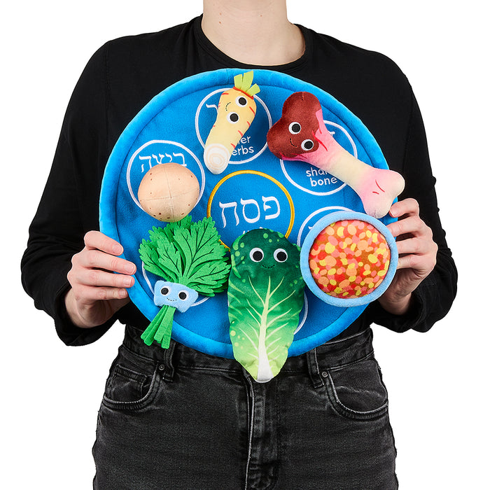 Yummy World Passover Seder Plate plush toy, 13-inch interactive soft figure depicting a colorful Seder plate for celebrations