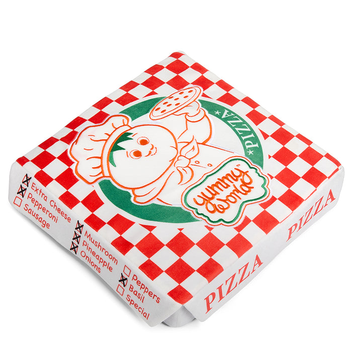 Yummy World Pizza Supreme 12-inch plush toy featuring colorful pizza slice design in a box-shaped plush.