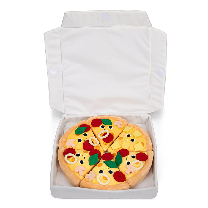 Yummy World Pizza Supreme 12-inch plush toy resembling a colorful, interactive pizza box with a soft, detailed pizza plush.