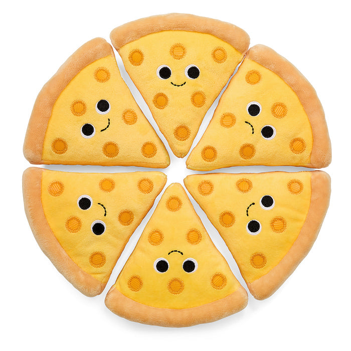 Yummy World Pizza Supreme 12-inch plush toy showing a colorful, soft pizza slice with toppings in a plush pizza box.