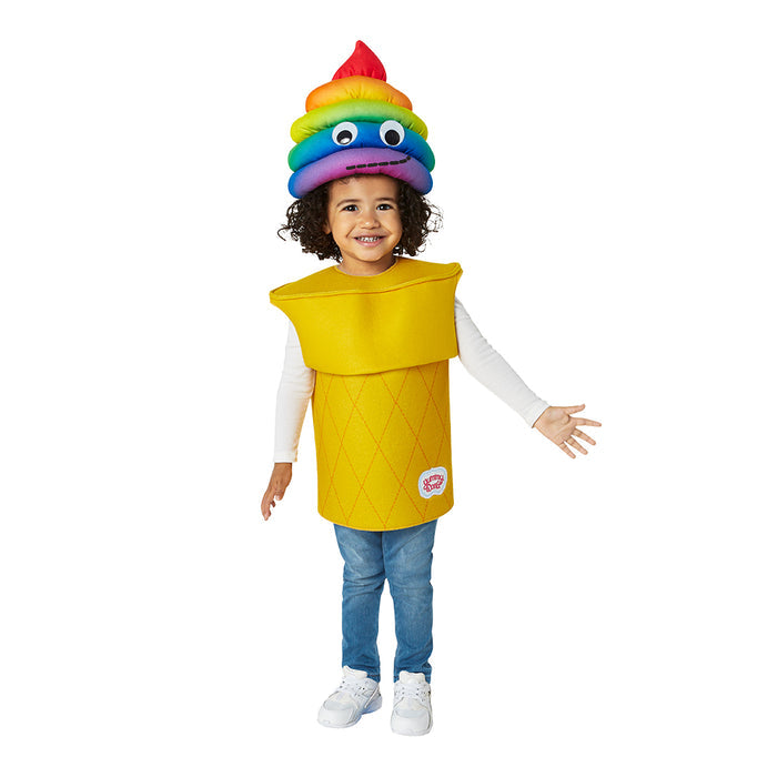 Yummy World Rainbow Sally soft serve ice cream kids costume featuring colorful ice cream cone design and playful fabric details.
