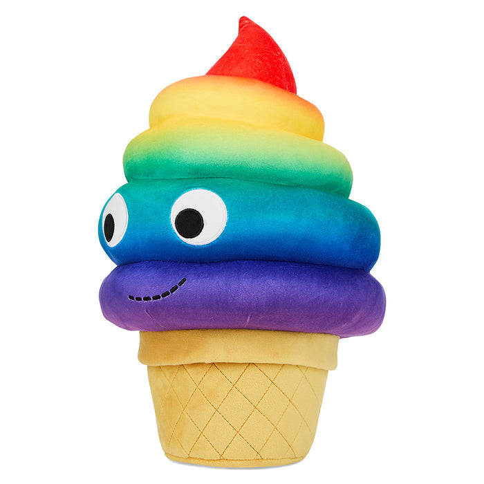 Yummy World Rainbow Soft Serve Sally plush ice cream cone with colorful rainbow swirl and friendly face, soft and cuddly.