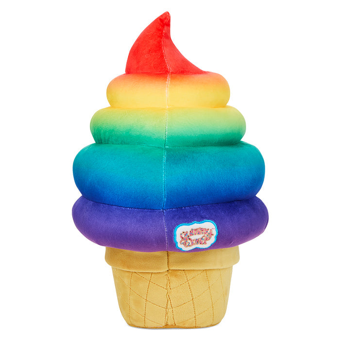 Yummy World Rainbow Soft Serve Sally plush toy in the shape of a colorful ice cream cone with a smiling face.