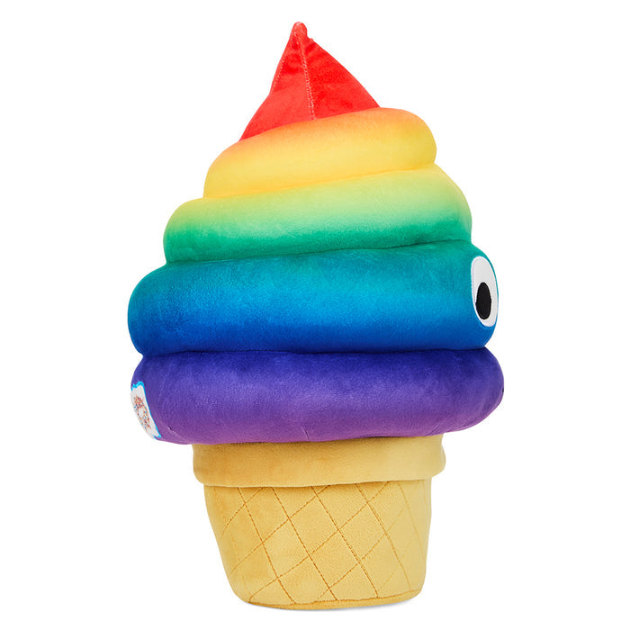 Yummy World Rainbow Soft Serve Sally plush ice cream cone with colorful rainbow design and soft fabric texture.