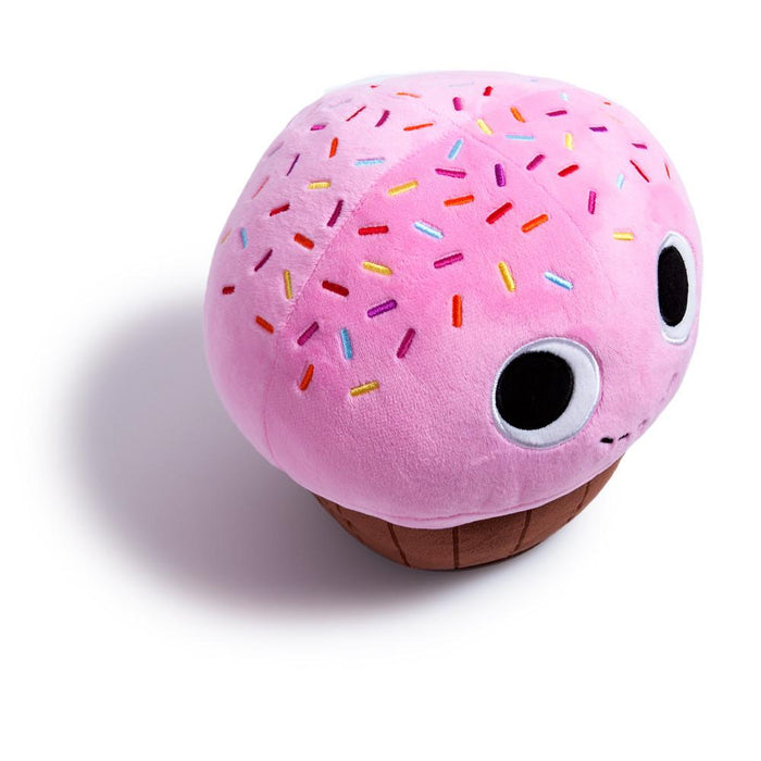 Yummy World Sprinkles Pink Cupcake Food Plush by Kidrobot, soft plush toy resembling a pink cupcake with colorful sprinkles.