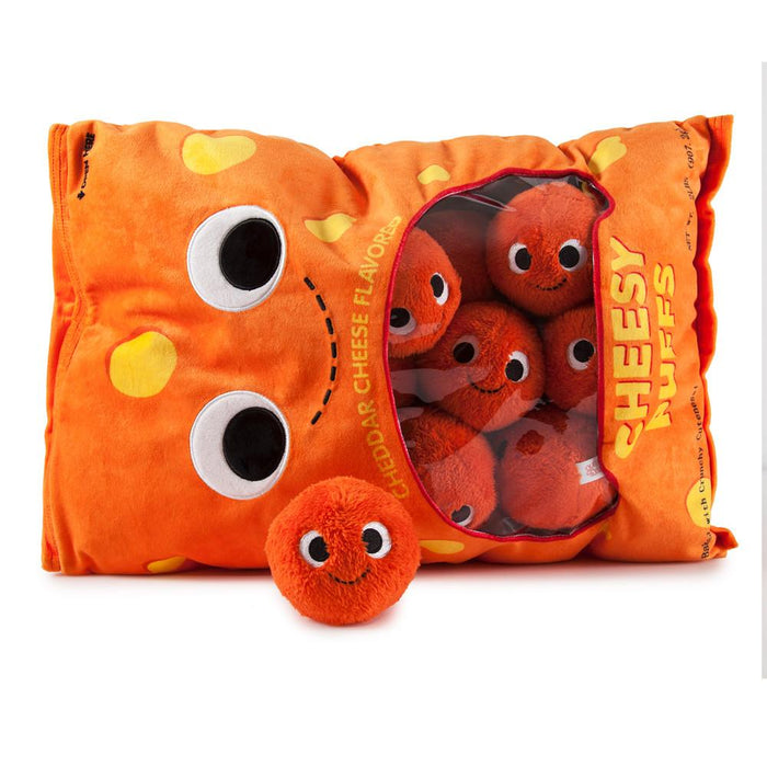 Yummy World XL Cheesy Puffs plush toy, soft interactive food plush with bright yellow cheese puff design and detailed texture.