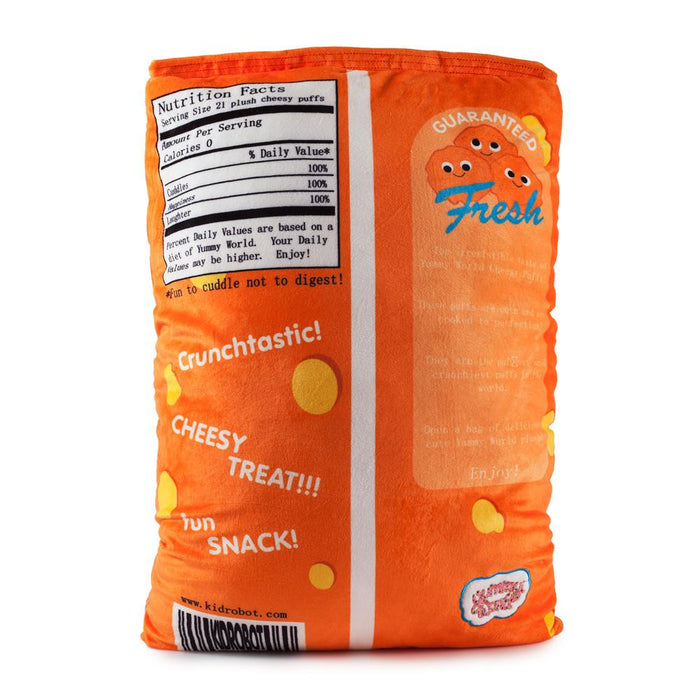 Yummy World XL Cheesy Puffs plush toy, soft interactive food plush with bright colors and detailed cheese puff design.