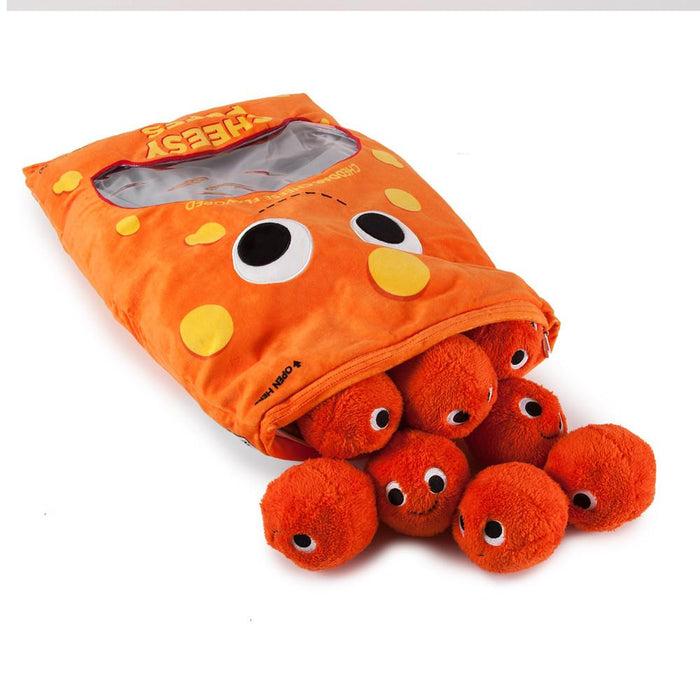 Yummy World XL Cheesy Puffs plush toy, soft and interactive food plush in bright yellow with cheesy puff details.