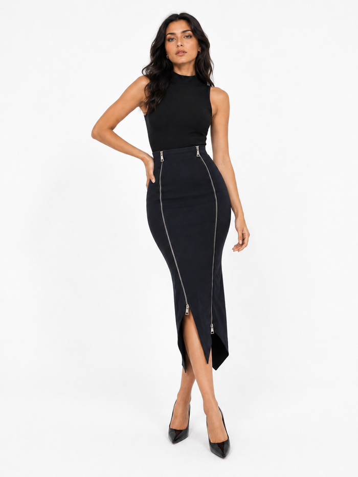 Zipper Detail Asymmetric Maxi Skirt - Noir